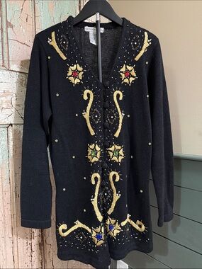 Vintage Victoria Jones Small Black Gold Embroidered Beaded Long Cardigan